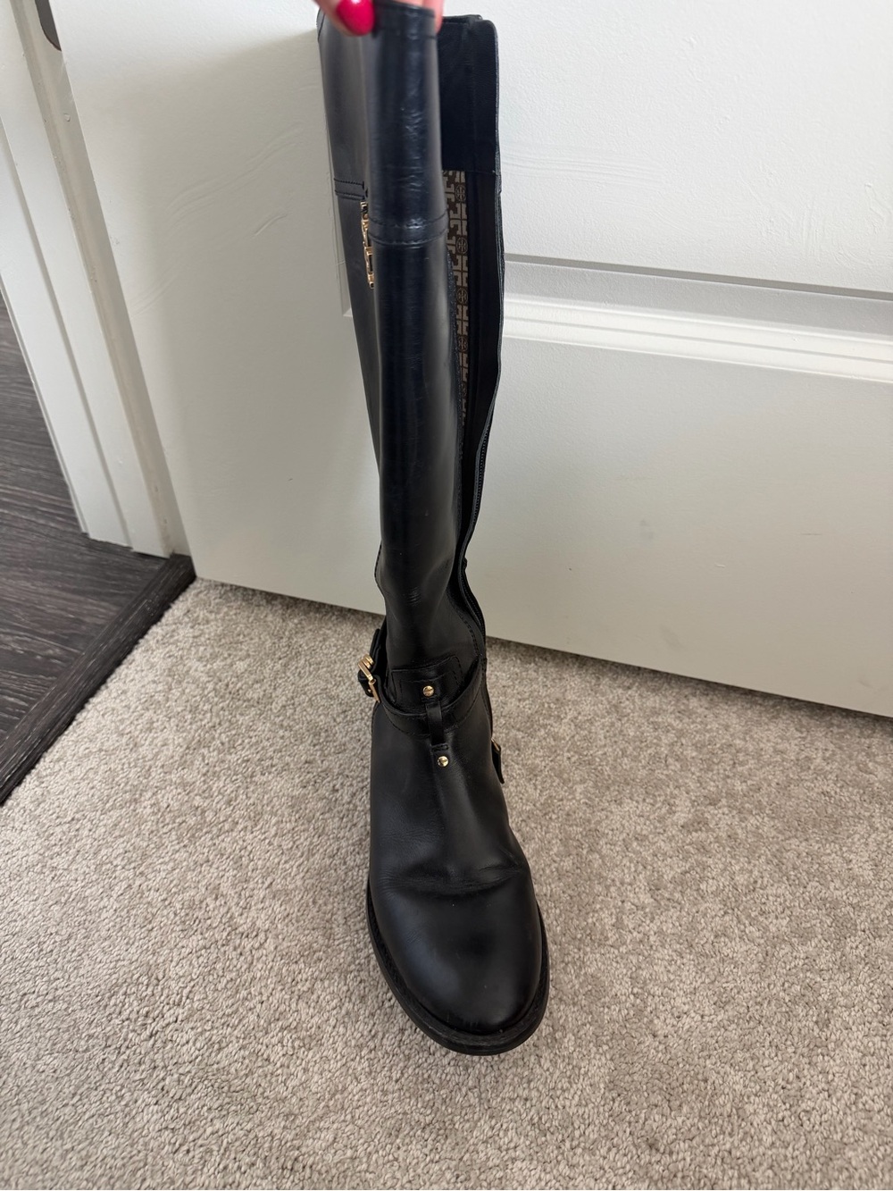 Tory Burch Black Leather Knee-High Boots with Gold Logo - Picture 6 of 16